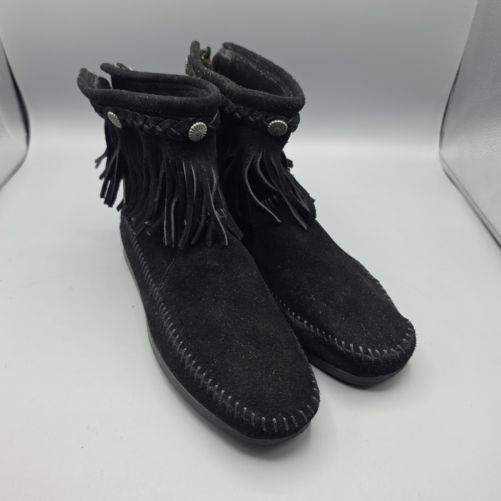 Minnetonka Moccasin Booties Womens 8 Black Suede Fringe Studded Ankle Boots